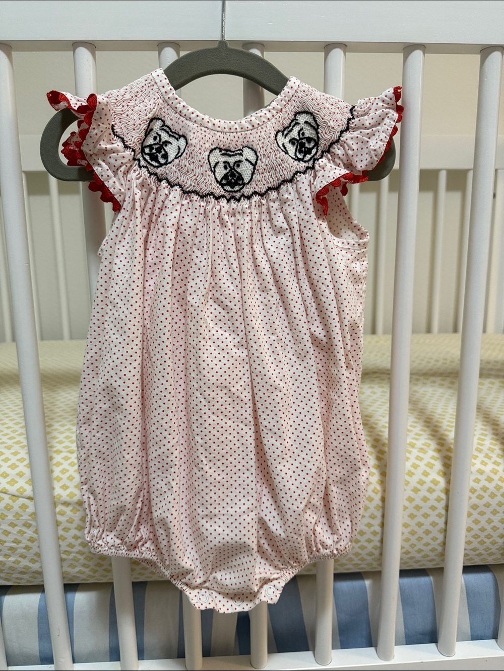White with red polka dots bubble with Dawgs smocking